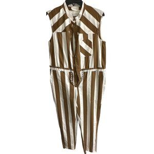 Vicolo Caramel-Brown & Cream Striped Jumpsuit mandarin neck sleeveless front but